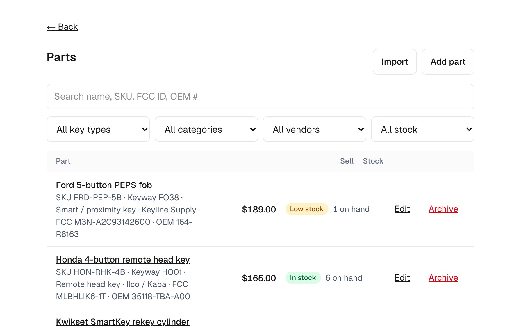 The parts list showing six parts with their SKU, keyway, vendor and FCC number, a sell price column, and a stock badge on each row reading In stock, Low stock or Out of stock.