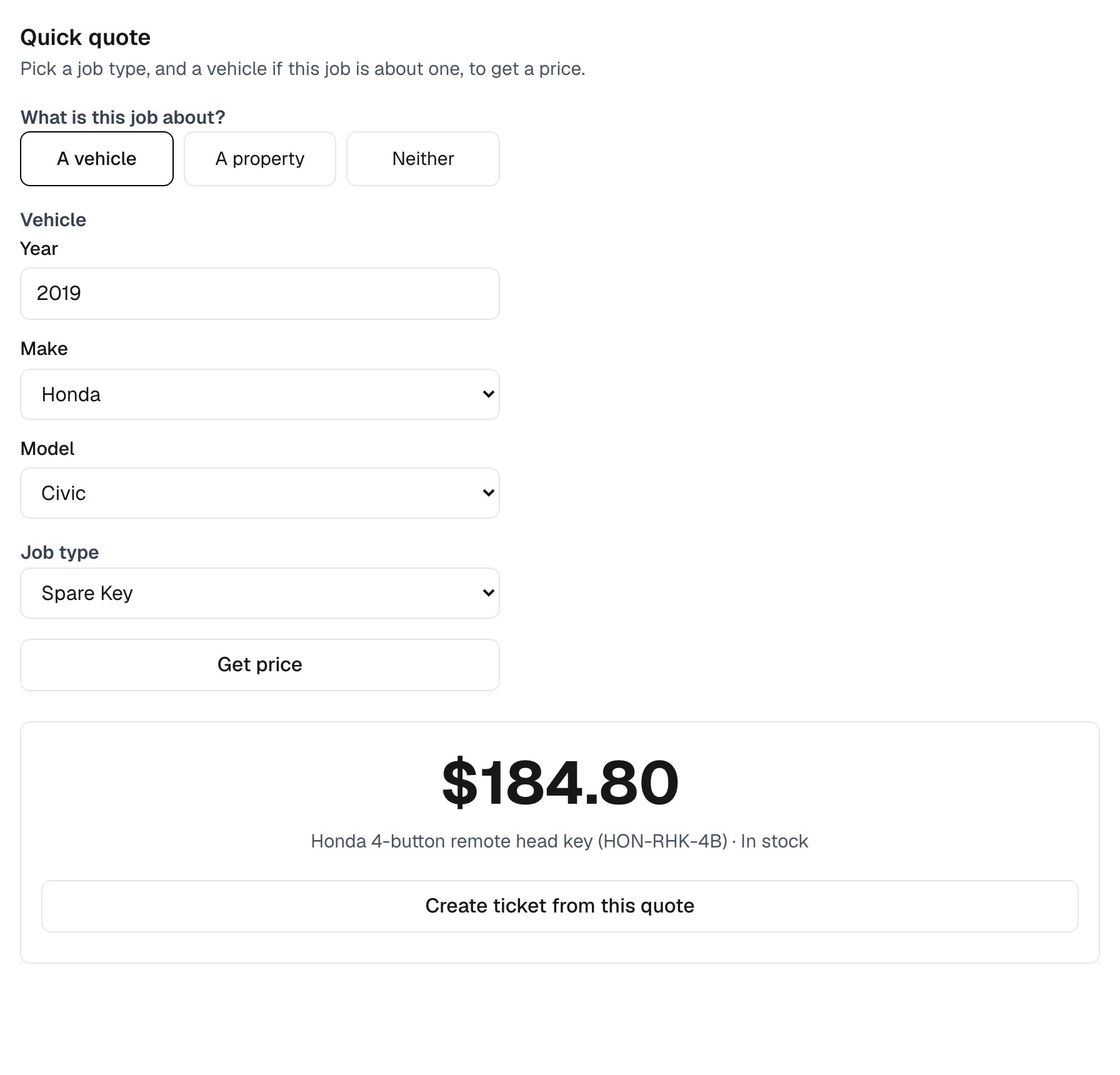 The quick quote screen with a 2019 Honda Civic and a Spare Key job selected, showing a single total price of $184.80 built from the shop's own part price and labour rate.