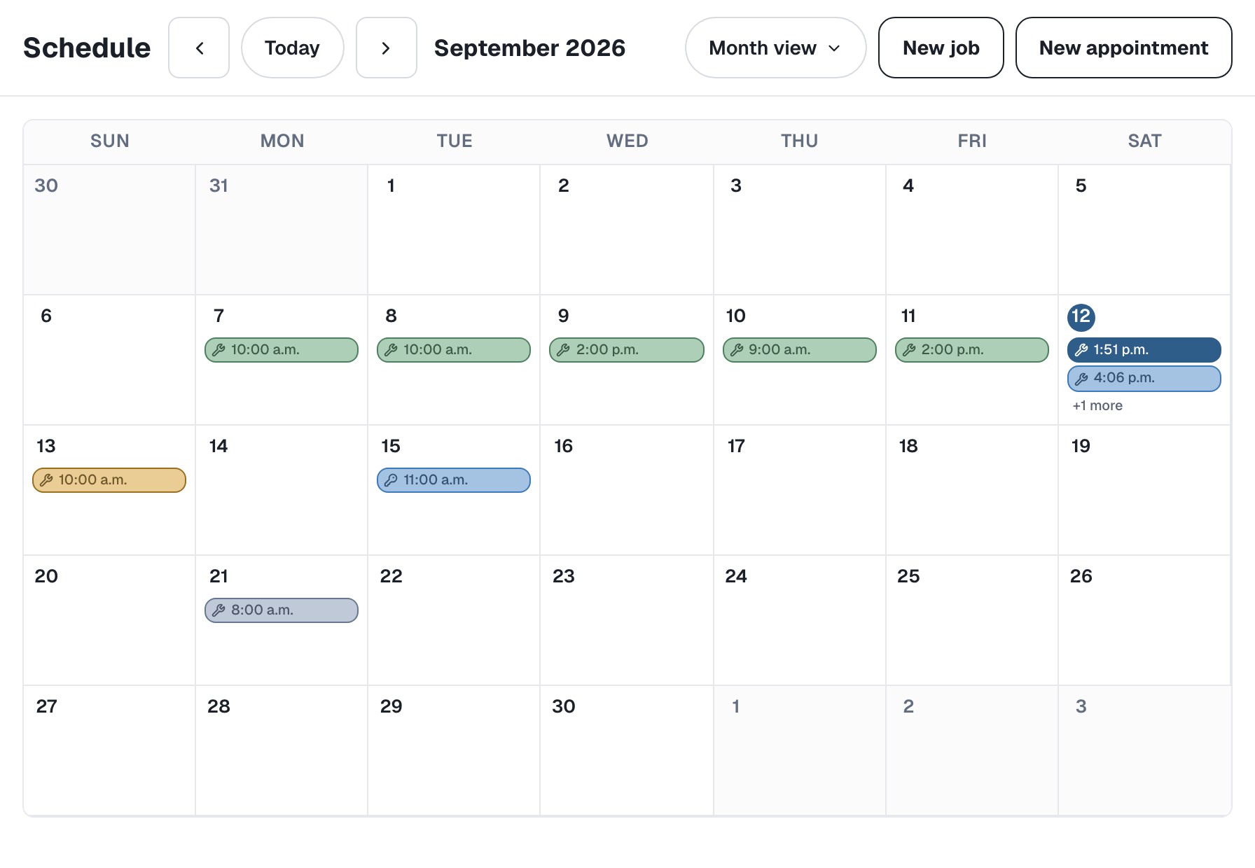 The month calendar for September, with appointment chips on eight days, today circled, and buttons to add a new job or a new appointment.